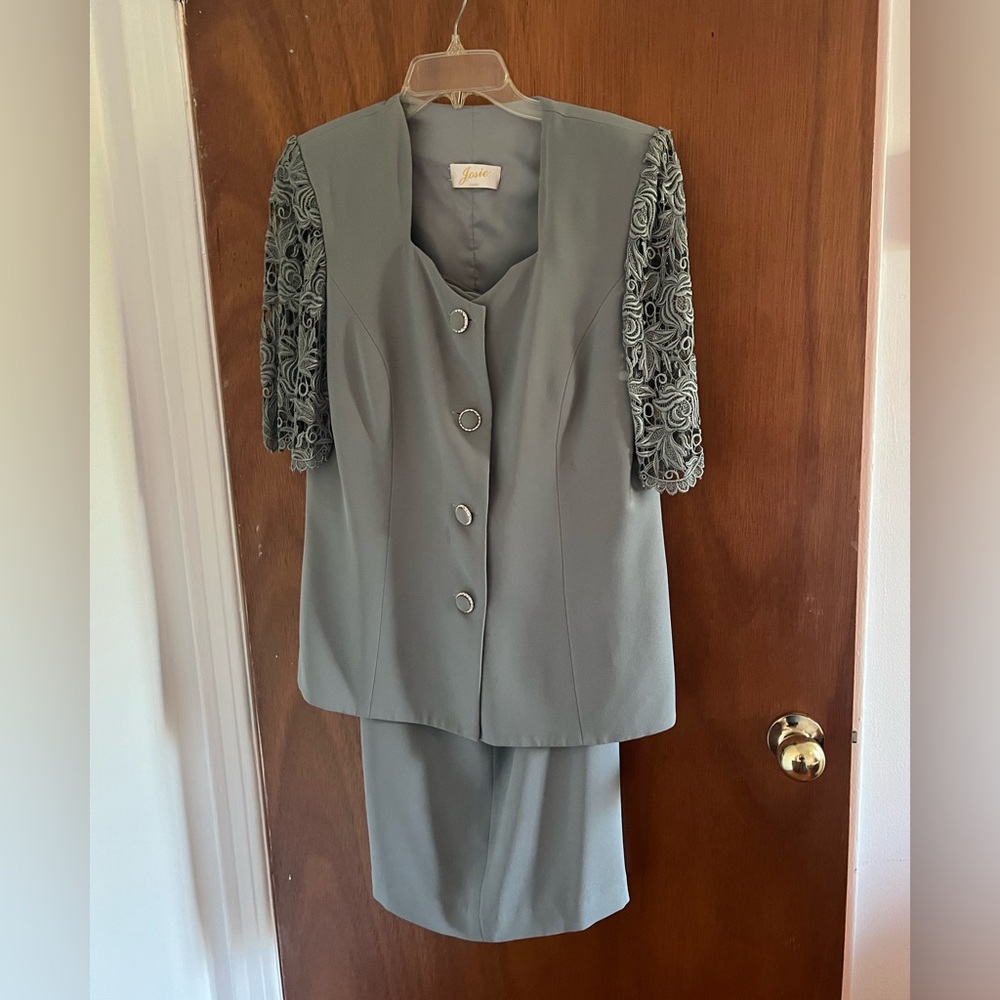 Gray Blazer with Lace Sleeves and Skirt